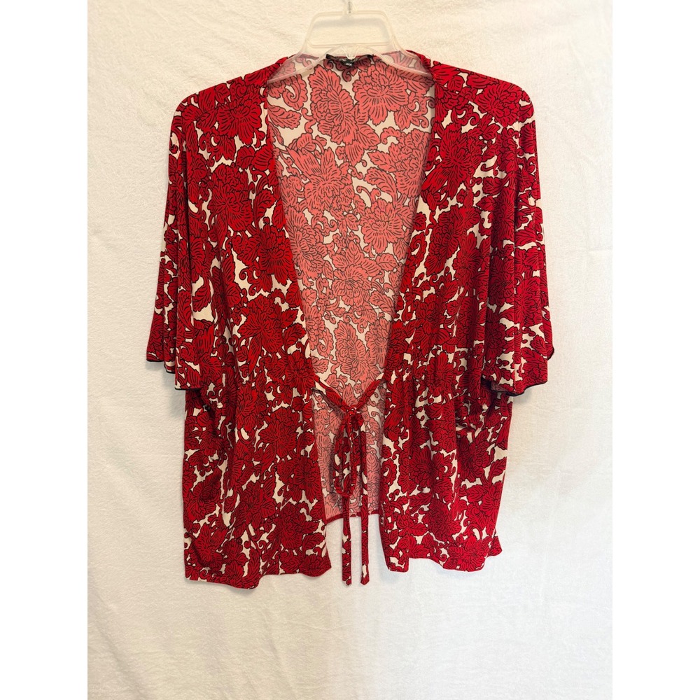 Lily Floral Red White Tie Front Kimono Cardigan Top 2X